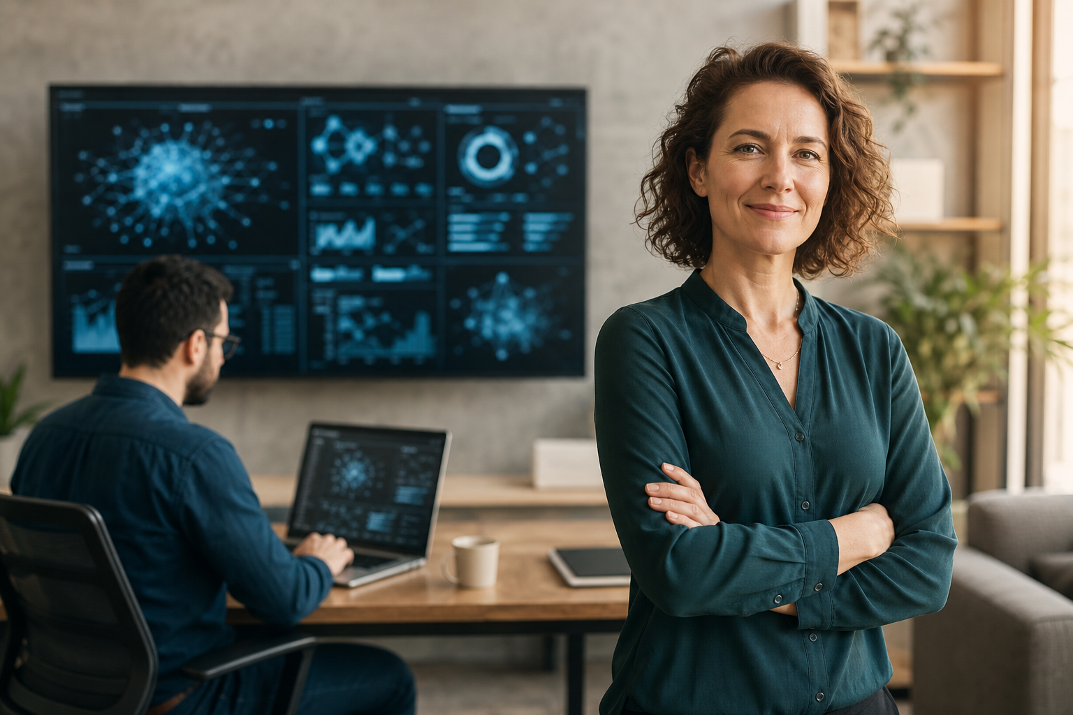 Business owner in a modern office while a software engineer works on AI integration at a laptop in the background