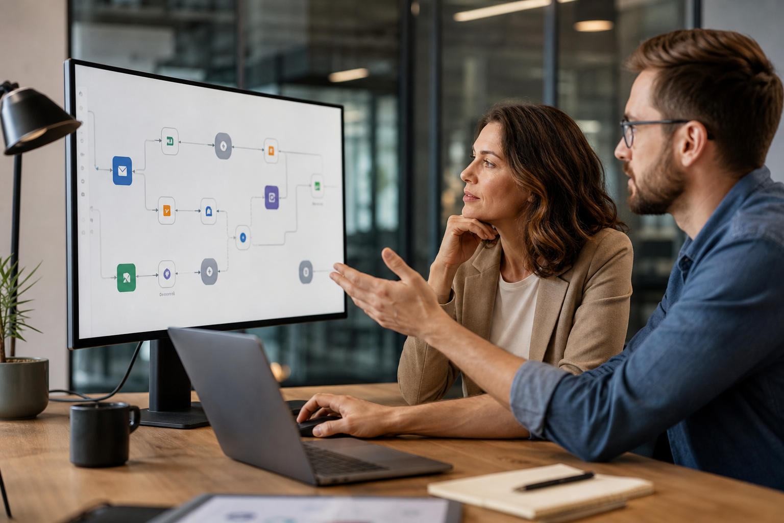 Business owner and software engineer reviewing workflow automation diagrams on a monitor in a modern office