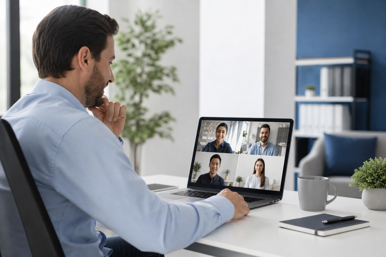 Business owner on a video call with a remote development team in a bright modern office
