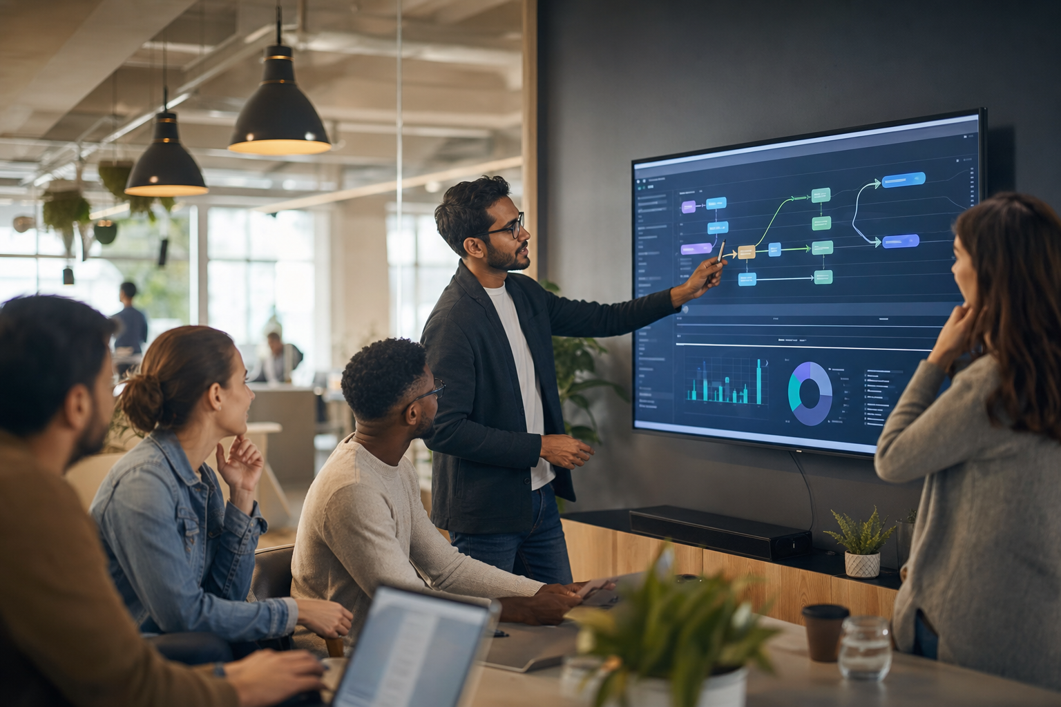 Business team and software engineer reviewing dashboards and automation workflows in a modern office