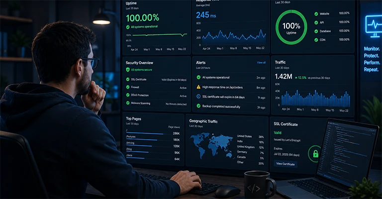 Developer monitoring client websites on a multi monitor workstation with code editors and a performance dashboard